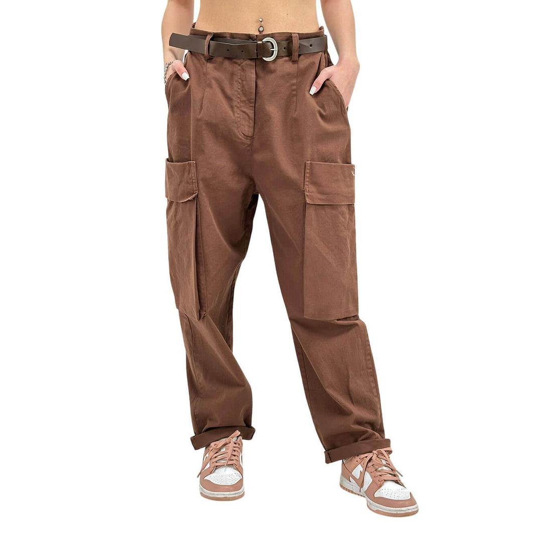 Motel Pantaloni Donna, Cargo, Tasche Laterale, Cotone, Marrone