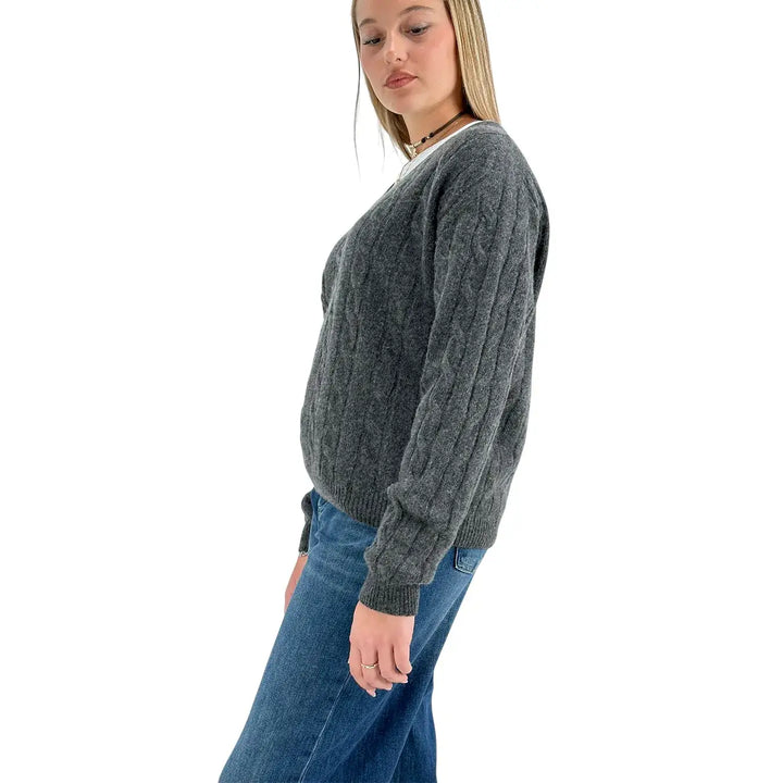 Bassini Maglia Donna Grigio Melange a Treccia con Scollo a V e Maniche Raglan Oversize