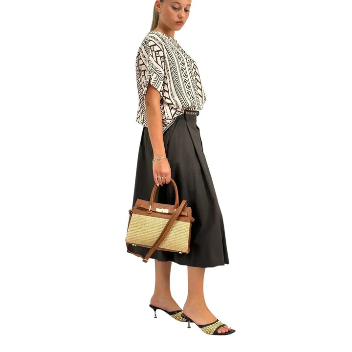 Bassini Blusa Donna Burro con Fantasia Moro, Scollo Madonna e Maniche Corte