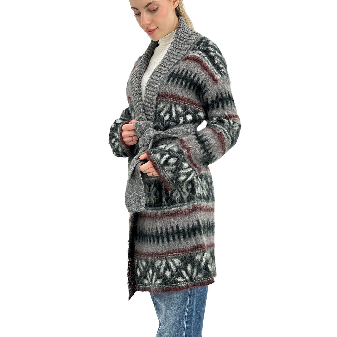 Kontatto Maglia Donna, Cardigan Lungo, Fantasia Geometrica, Grigio