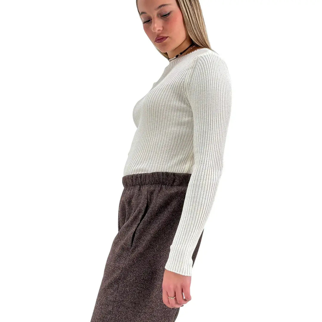 Bassini Maglia Donna Avorio a Coste Girocollo Basic a Maniche Lunghe