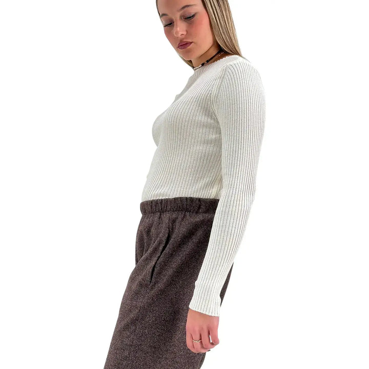 Bassini Maglia Donna Avorio a Coste Girocollo Basic a Maniche Lunghe