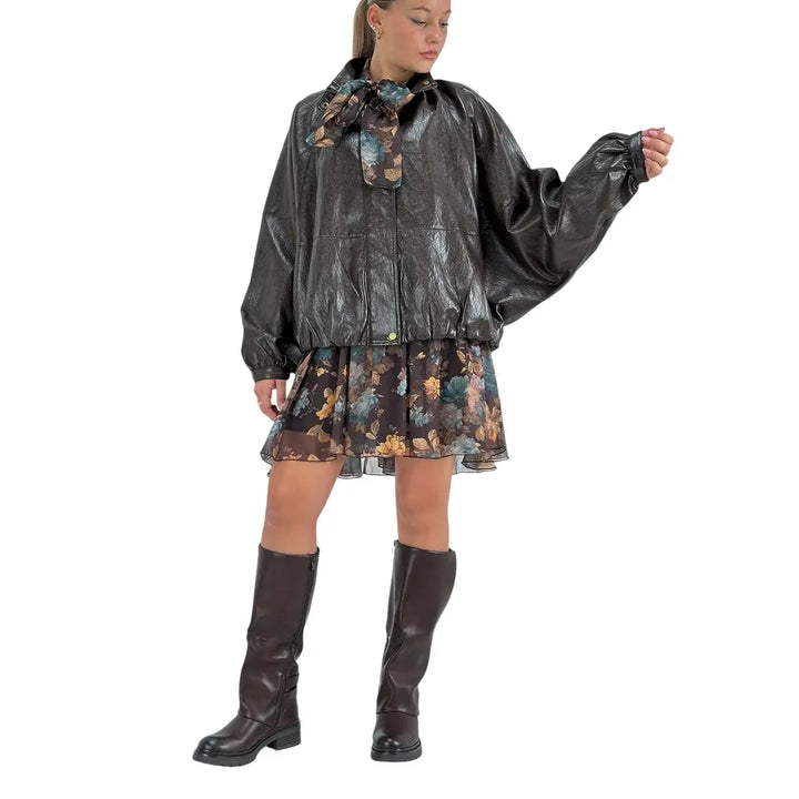 Bassini Bomber Donna Cioccolato Oversize in Ecopelle Semilucida con Maniche a Pipistrello