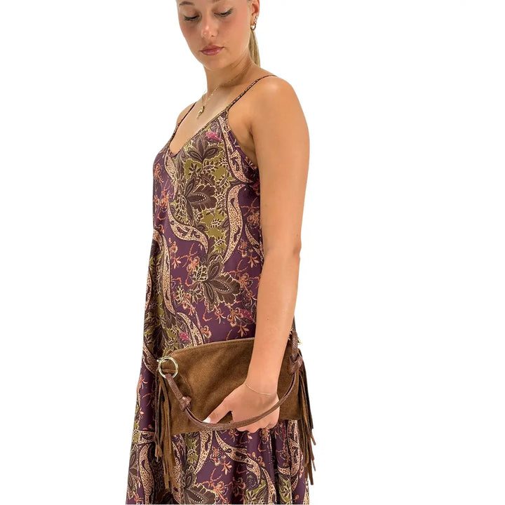 Bassini Abito Donna Burgundi Lungo Modello Sottoveste con Stampa Damascata e Spallini