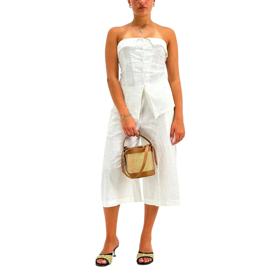 Bassini Top Donna Bianco in Lino e Cotone con Scollo a Fascia Bottoni Frontali e Colletto Risvoltato