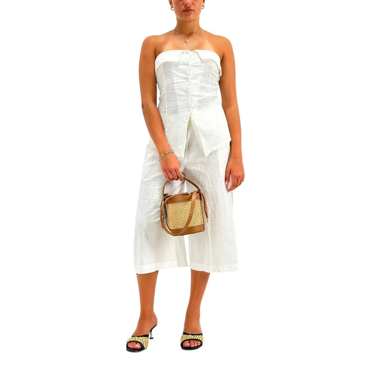 Bassini Top Donna Bianco in Lino e Cotone con Scollo a Fascia Bottoni Frontali e Colletto Risvoltato