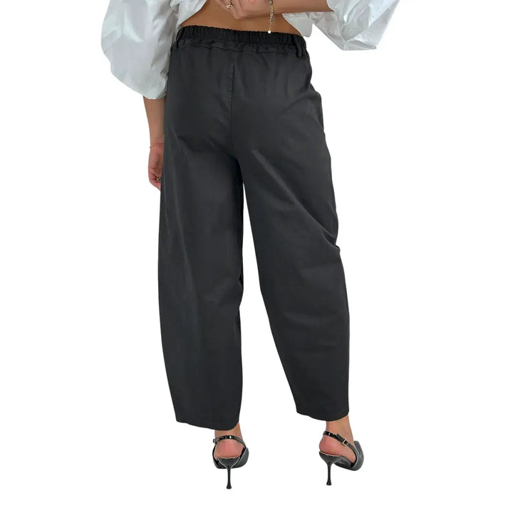 Bassini Pantaloni Donna Modello a Banana Oversize in Tessuto Elasticizzato Nero con Elastico in Vita