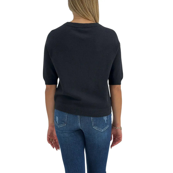 Bassini Maglia Donna Nera con Scollo a Barca e Maniche Corte Raglan a Costine
