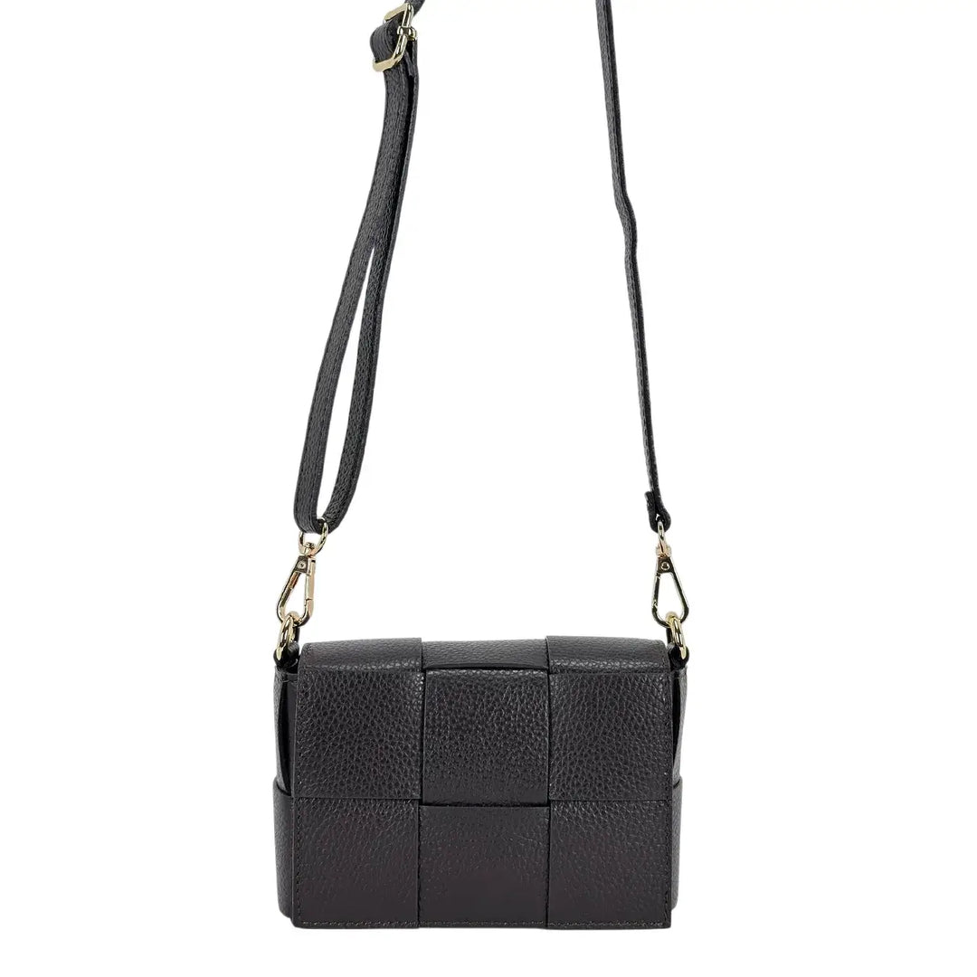 Bassini Borsa Donna Piccola in Pelle Cioccolato Intrecciata con Tracolla Rimovibile e Patta Magnetica