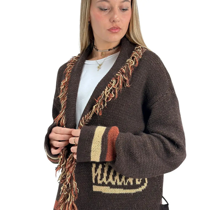 Bassini Cardigan Donna Aperto Cioccolato e Terra di Siena con Cintura in Maglia e Ricamo Mountain