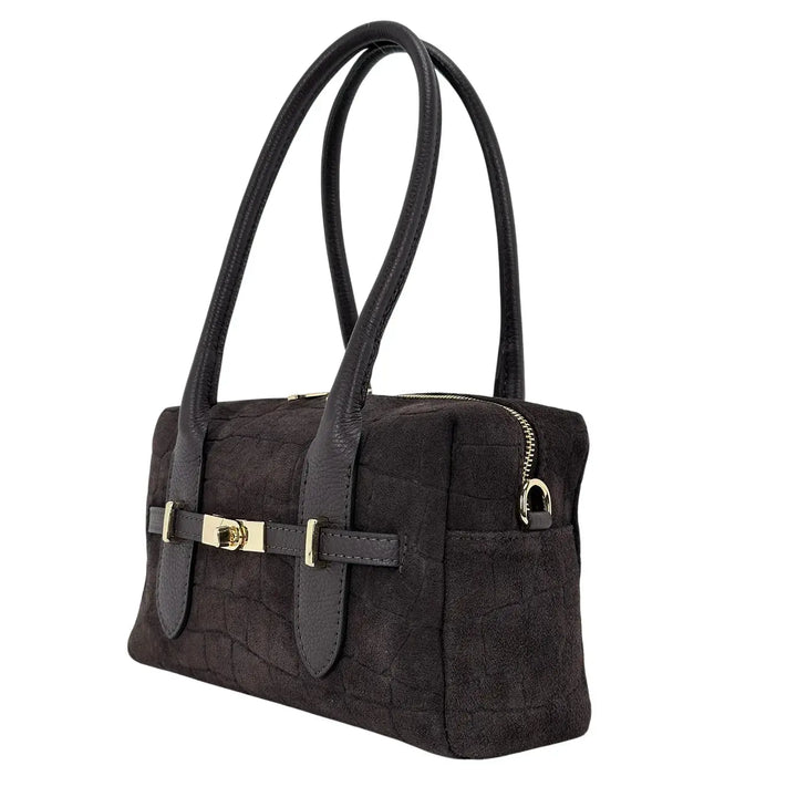 Bassini Borsa Donna a Bauletto in Pelle Scamosciata Cioccolato Stampa Cocco con Manici e Tracolla Rimovibile
