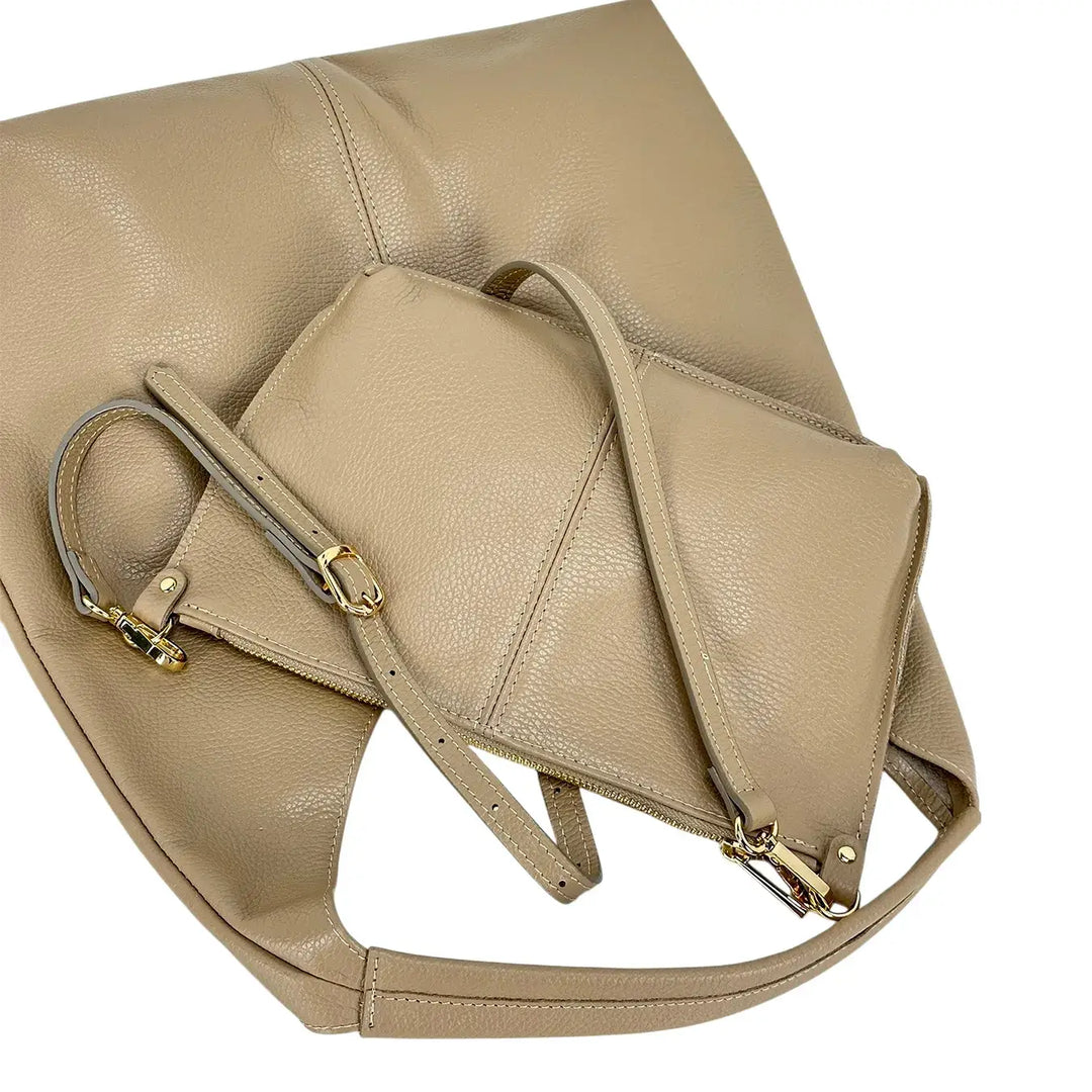 Bassini Borsa Donna a Sacca in Pelle Taupe con Chiusura Magnetica e Pochette Interna con Tracolla