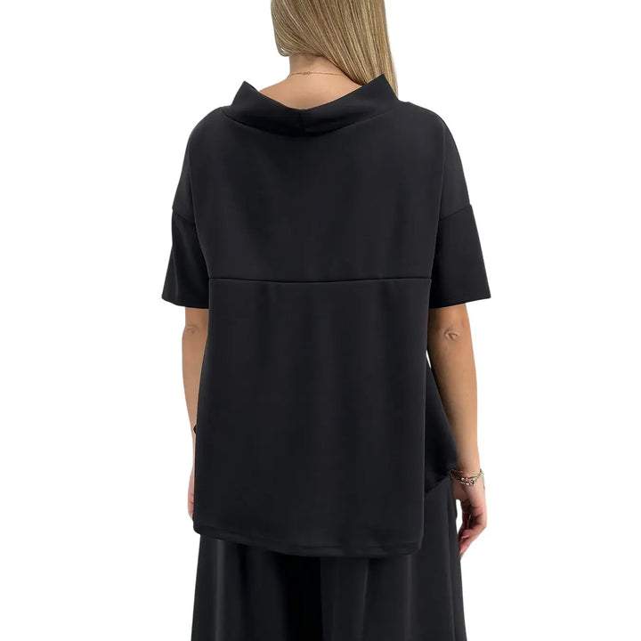 Bassini Felpa Donna Nera Oversize con Scollo a Barca e Maniche Corte Raglan