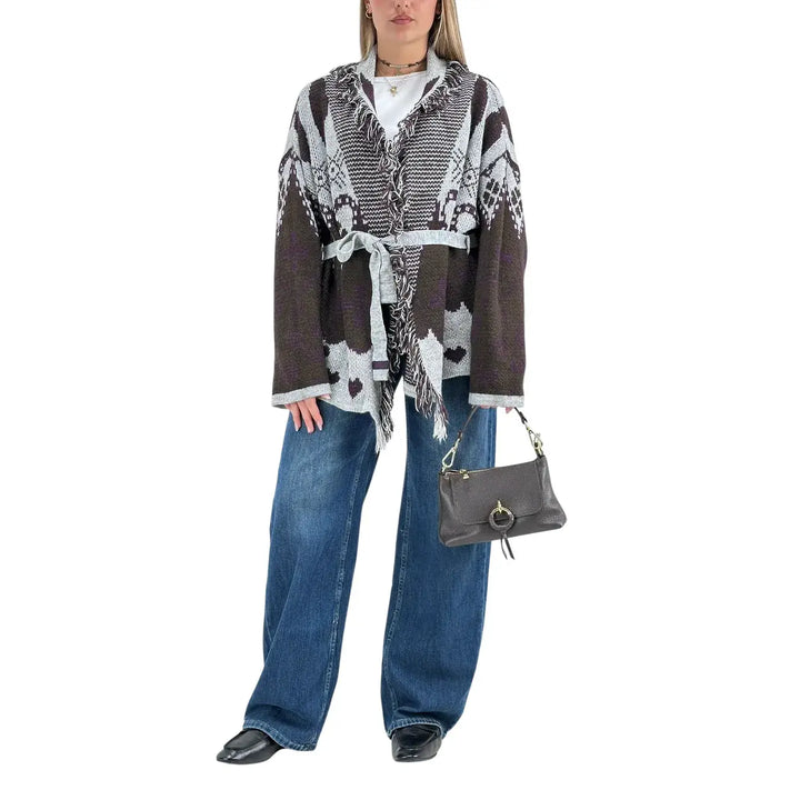 Bassini Cardigan Donna Aperto con Cintura Moro e Grigio con Ricamo Cuori e Bordi Sfrangiati