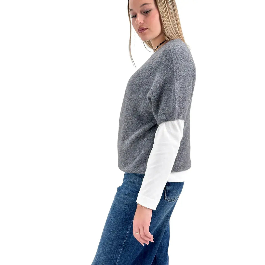 Bassini Maglia Donna Grigia Girocollo Oversize con Maniche Corte Raglan e Orlo a Costine