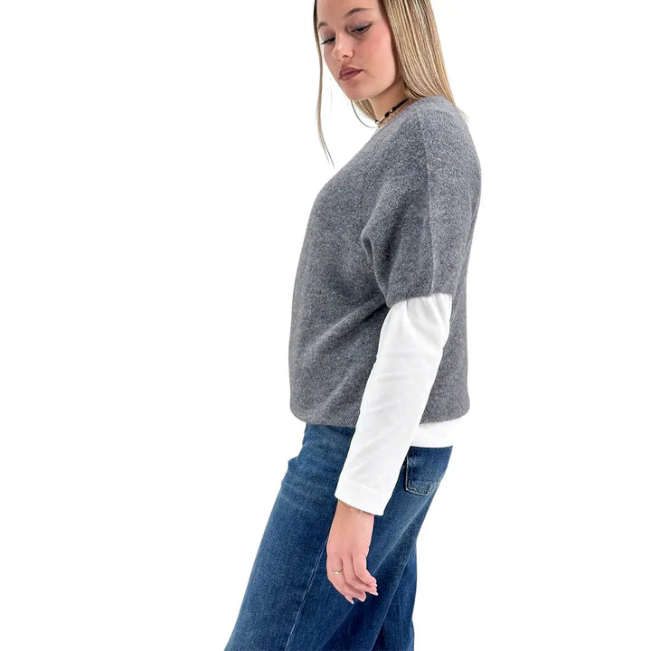 Bassini Maglia Donna Grigia Girocollo Oversize con Maniche Corte Raglan e Orlo a Costine