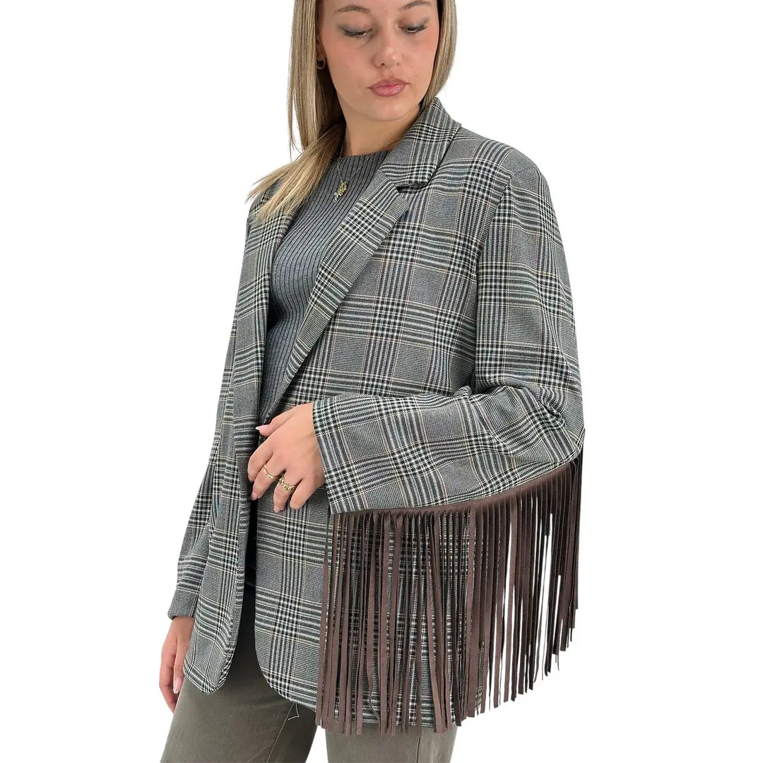 Bassini Giacca Donna Grigia Principe di Galles Oversize con Frange Marroni