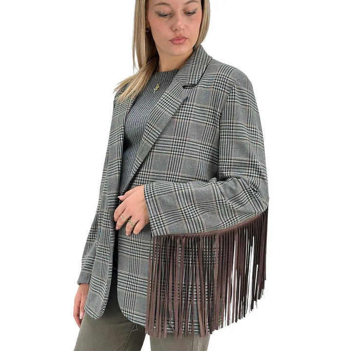 Bassini Giacca Donna Grigia Principe di Galles Oversize con Frange Marroni