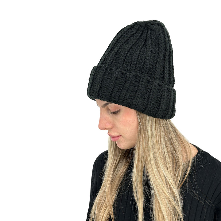 Bassini Cappello Donna, Coste, Risvolto, Tricot, Nero