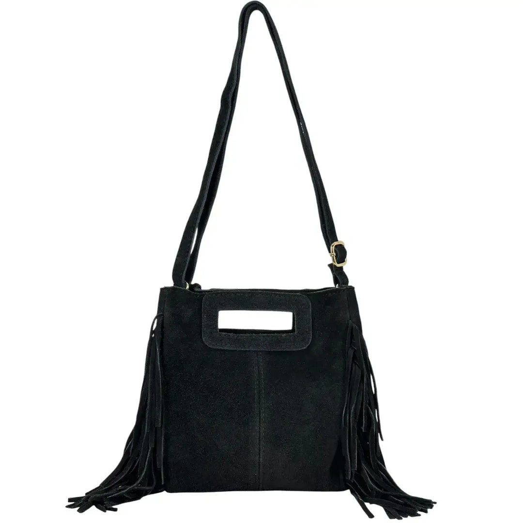 Bassini Borsa Donna Mini in Camoscio Nero con Frange Laterali e Tracolla Rimovibile