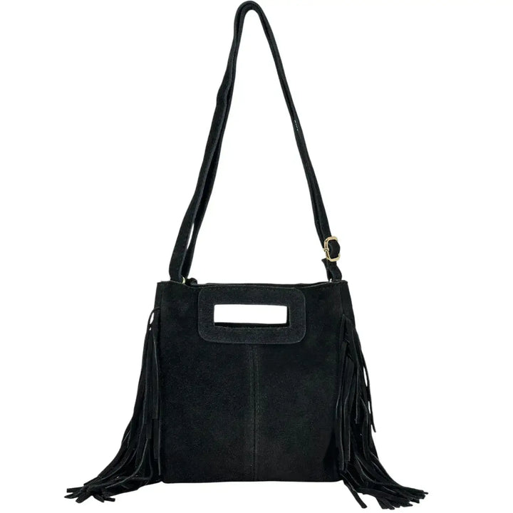 Bassini Borsa Donna Mini in Camoscio Nero con Frange Laterali e Tracolla Rimovibile