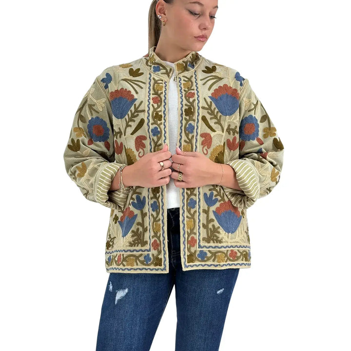 Bassini Giacca Donna Modello Suzani Verde in Velluto con Ricami Floreali Blu