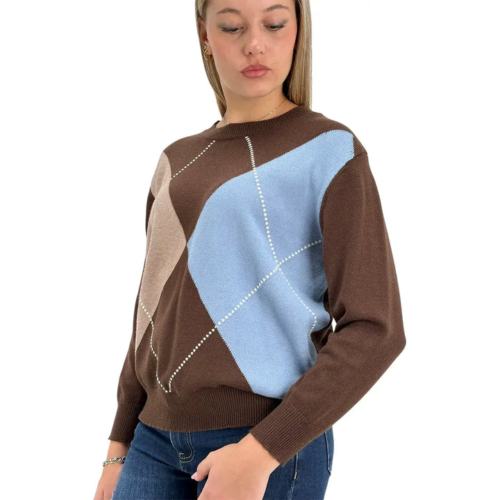 Bassini Maglia Donna Cioccolato a Rombi Celeste e Cammello con Girocollo e Maniche Lunghe