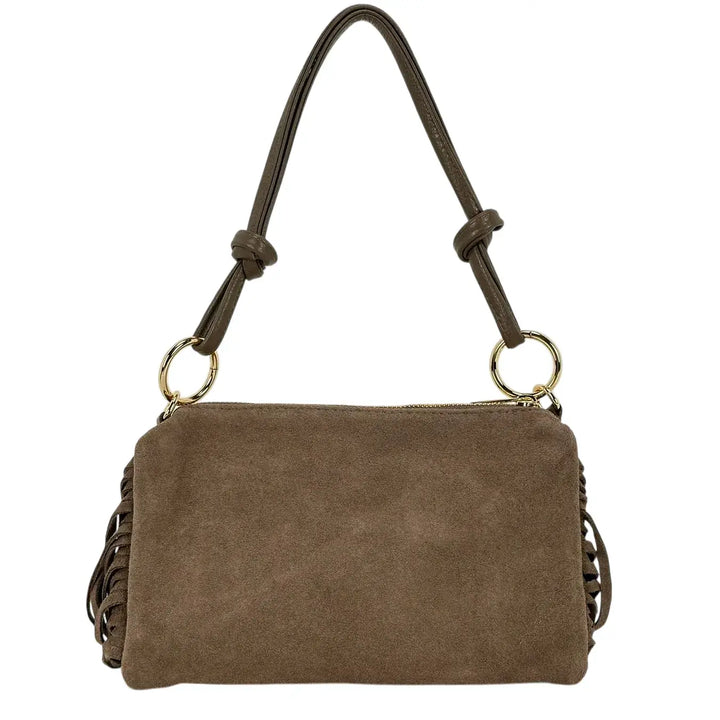 Bassini Borsa Donna in Pelle Scamosciata Taupe con Frange Laterali e Tracolla Intercambiabile