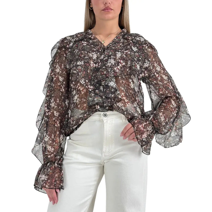 Bassini Camicia Donna Floreale Moro con Scollo V e Ruches su Maniche e Spalle