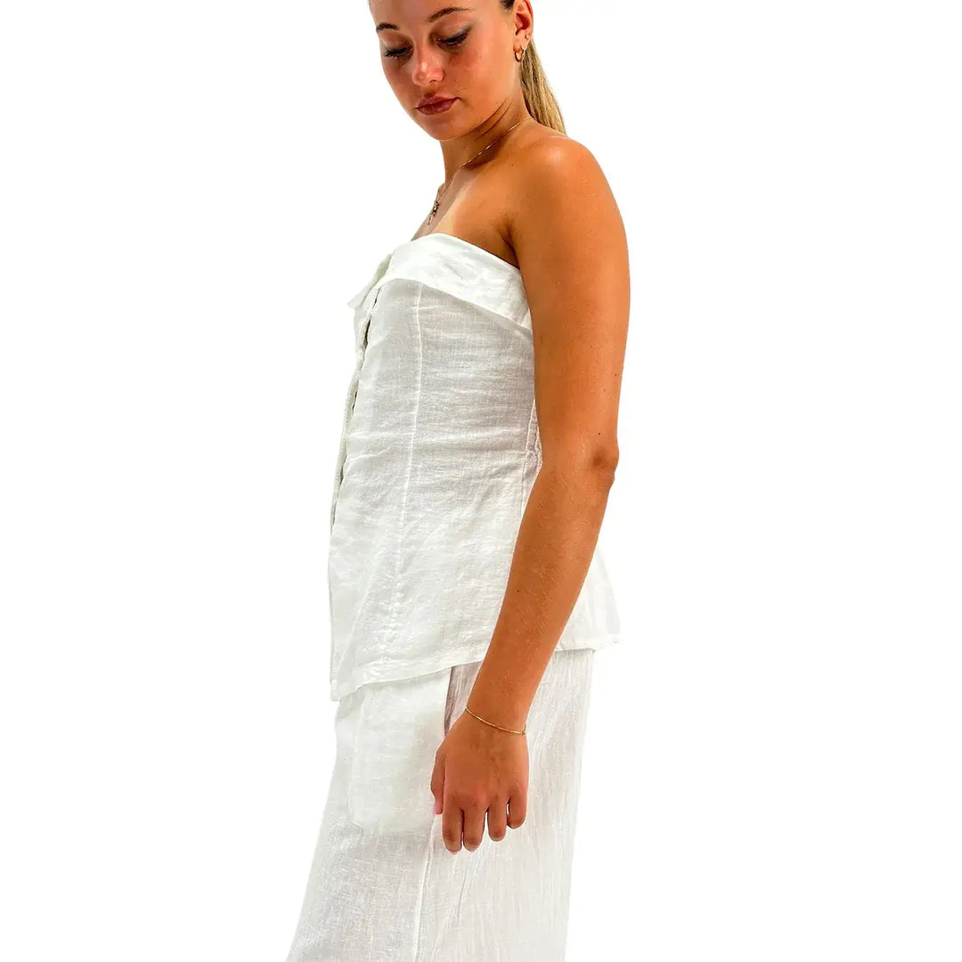 Bassini Top Donna Bianco in Lino e Cotone con Scollo a Fascia Bottoni Frontali e Colletto Risvoltato