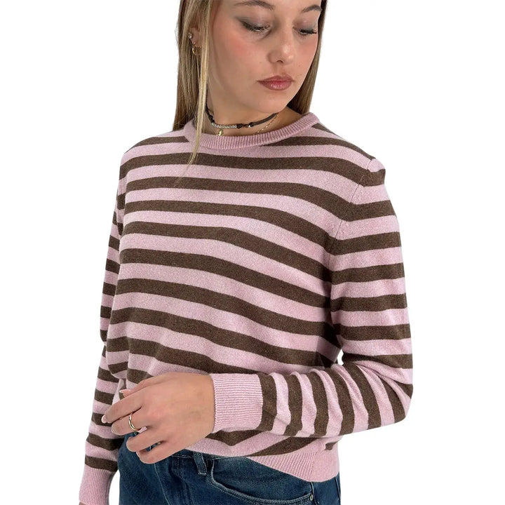 Bassini Maglia Donna Rosa a Righe Cioccolato Girocollo Oversize con Maniche Lunghe