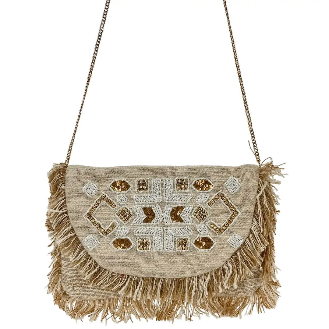 Bassini Borsa Donna Pochette in Cordura Beige con Perline Perla Patta Sfrangiata e Tracolla Oro