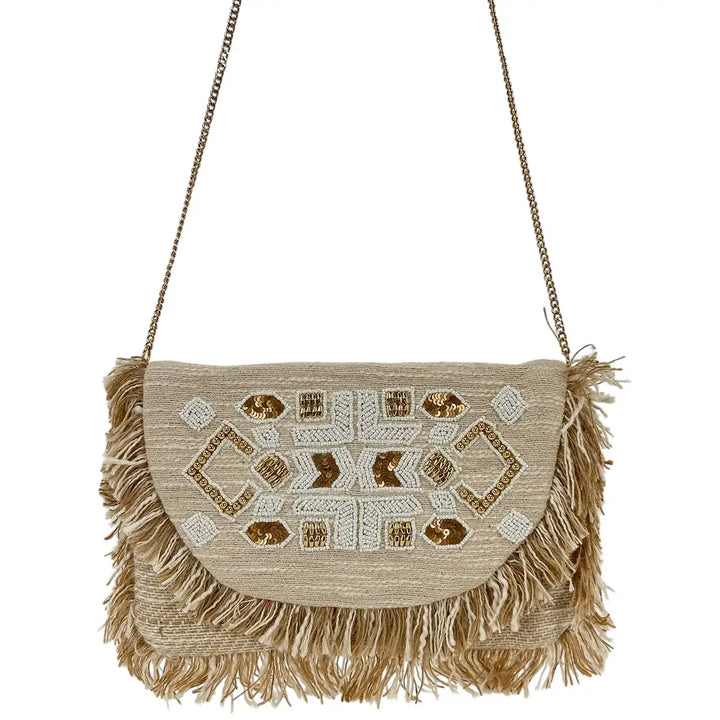 Bassini Borsa Donna Pochette in Cordura Beige con Perline Perla Patta Sfrangiata e Tracolla Oro