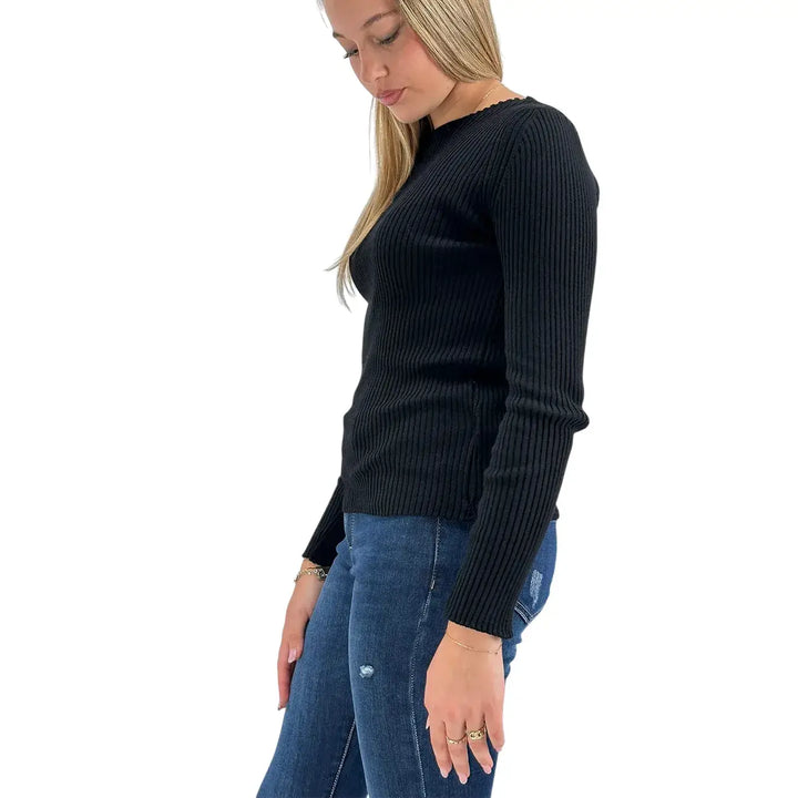 Bassini Maglia Donna Nera a Coste con Girocollo e Maniche Lunghe