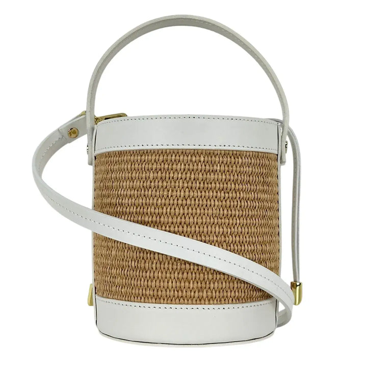 Bassini Borsa Donna Secchiello Piccola in Raffia e Pelle Bianca con Maniglia e Tracolla