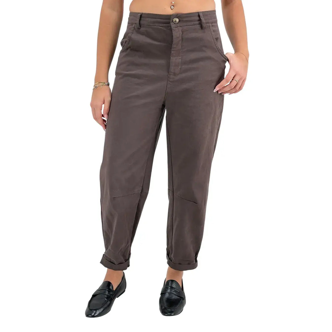 Bassini Pantaloni Donna Cioccolato Cropped Baggy con Risvolto e Chiusura con Zip