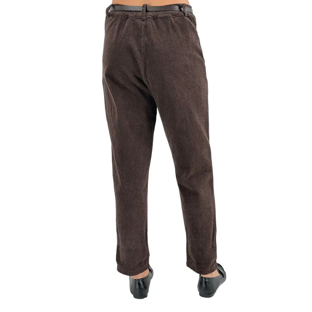 Bassini Pantaloni Donna Cioccolato in Velluto Balloon con Doppia Pince, Elastico in Vita e Cintura