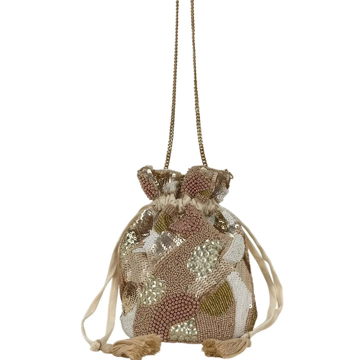 Bassini Borsa Donna Mini Secchiello in Cordura con Perline Oro e Tracolla a Catena Oro