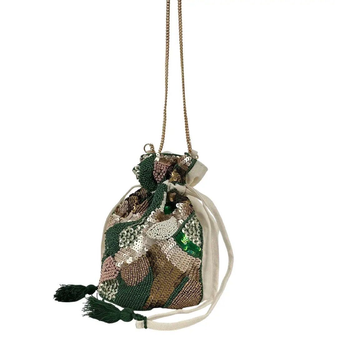Bassini Borsa Donna Mini Secchiello in Cordura con Perline Verde e Tracolla a Catena Oro