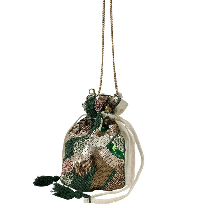Bassini Borsa Donna Mini Secchiello in Cordura con Perline Verde e Tracolla a Catena Oro