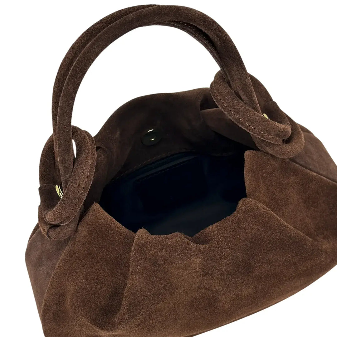 Bassini Borsa Donna Pasticcino in Pelle Scamosciata Cognac con Doppi Manici e Tracolla Rimovibile