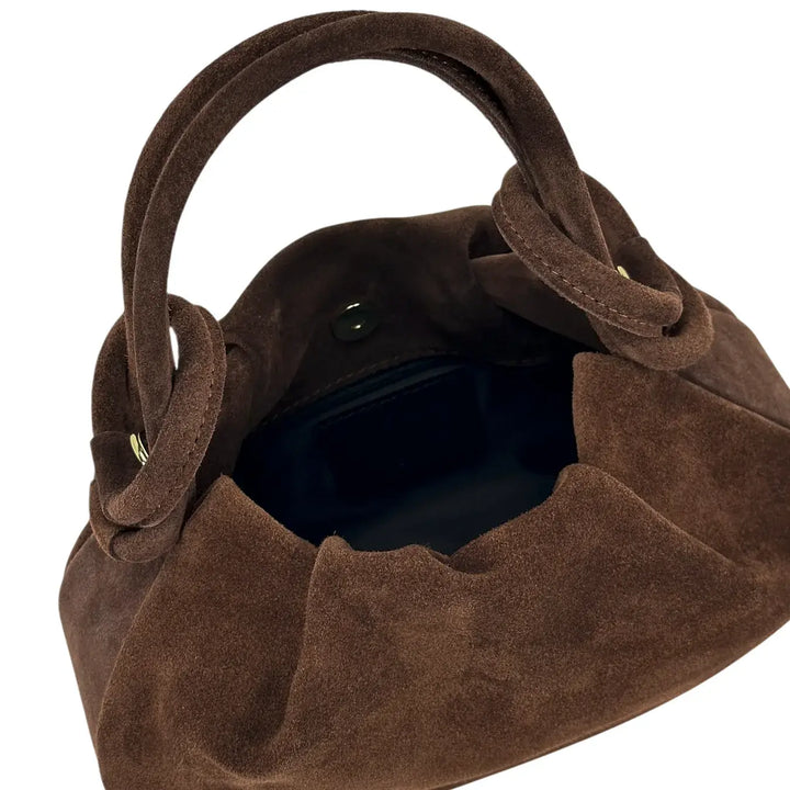 Bassini Borsa Donna Pasticcino in Pelle Scamosciata Cognac con Doppi Manici e Tracolla Rimovibile