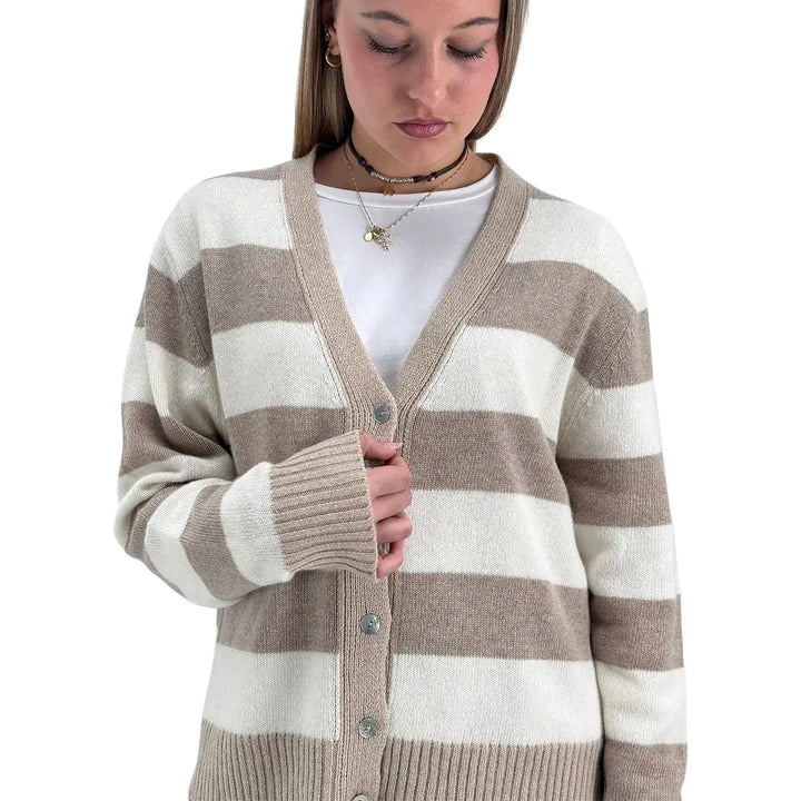 Bassini Cardigan Donna Beige Latte e Cipria a Righe con Cinque Bottoni e Coste Cammello