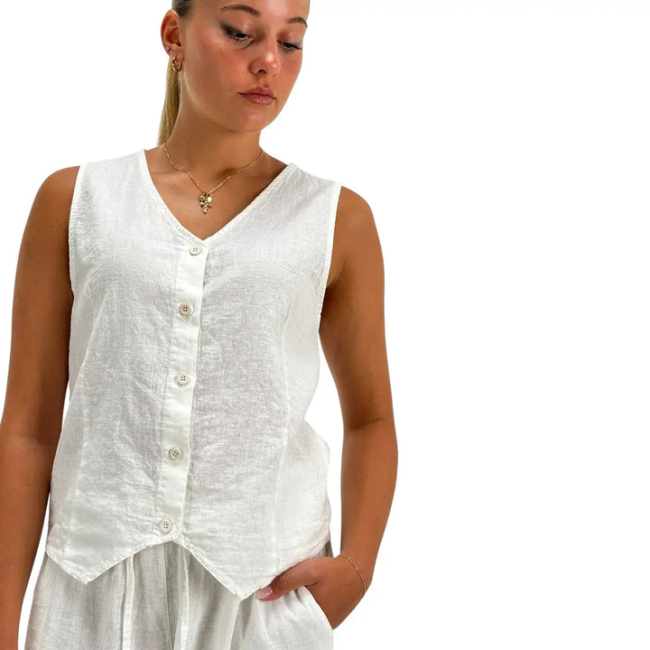 Bassini Camicia Donna Bianca Smanicata in Lino e Cotone con Bottoni e Collo a V