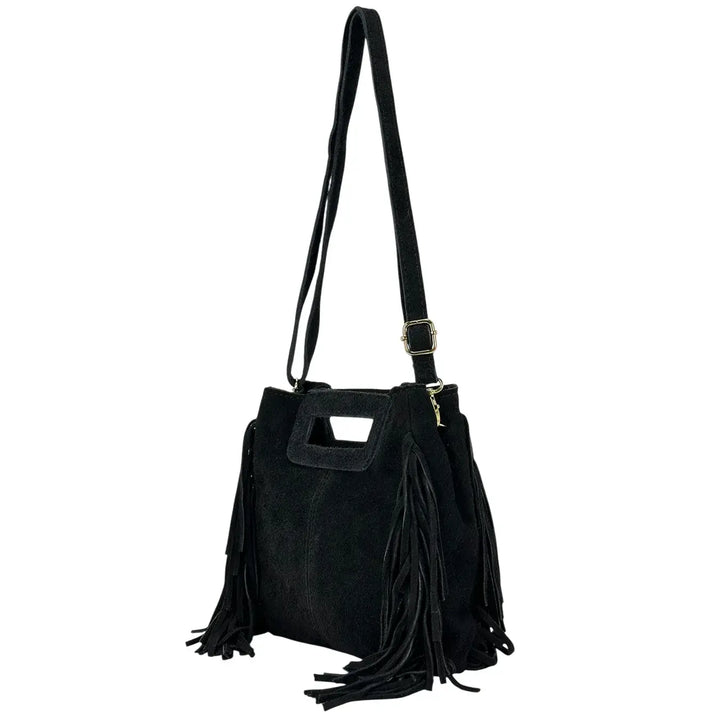 Bassini Borsa Donna Mini in Camoscio Nero con Frange Laterali e Tracolla Rimovibile