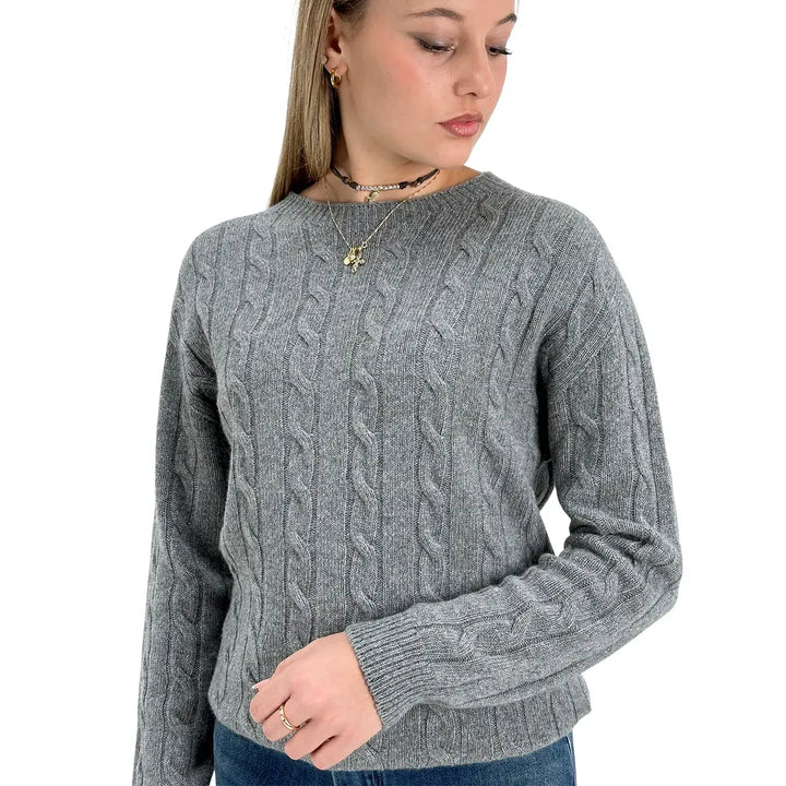 Bassini Maglia Donna Grigia a Treccia Girocollo con Maniche Raglan Oversize
