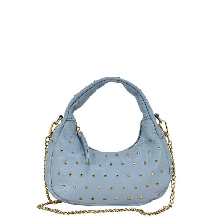 Bassini Borsa Donna Mini Sacca in Pelle Celeste con Borchie Oro e Tracolla Catena Rimovibile