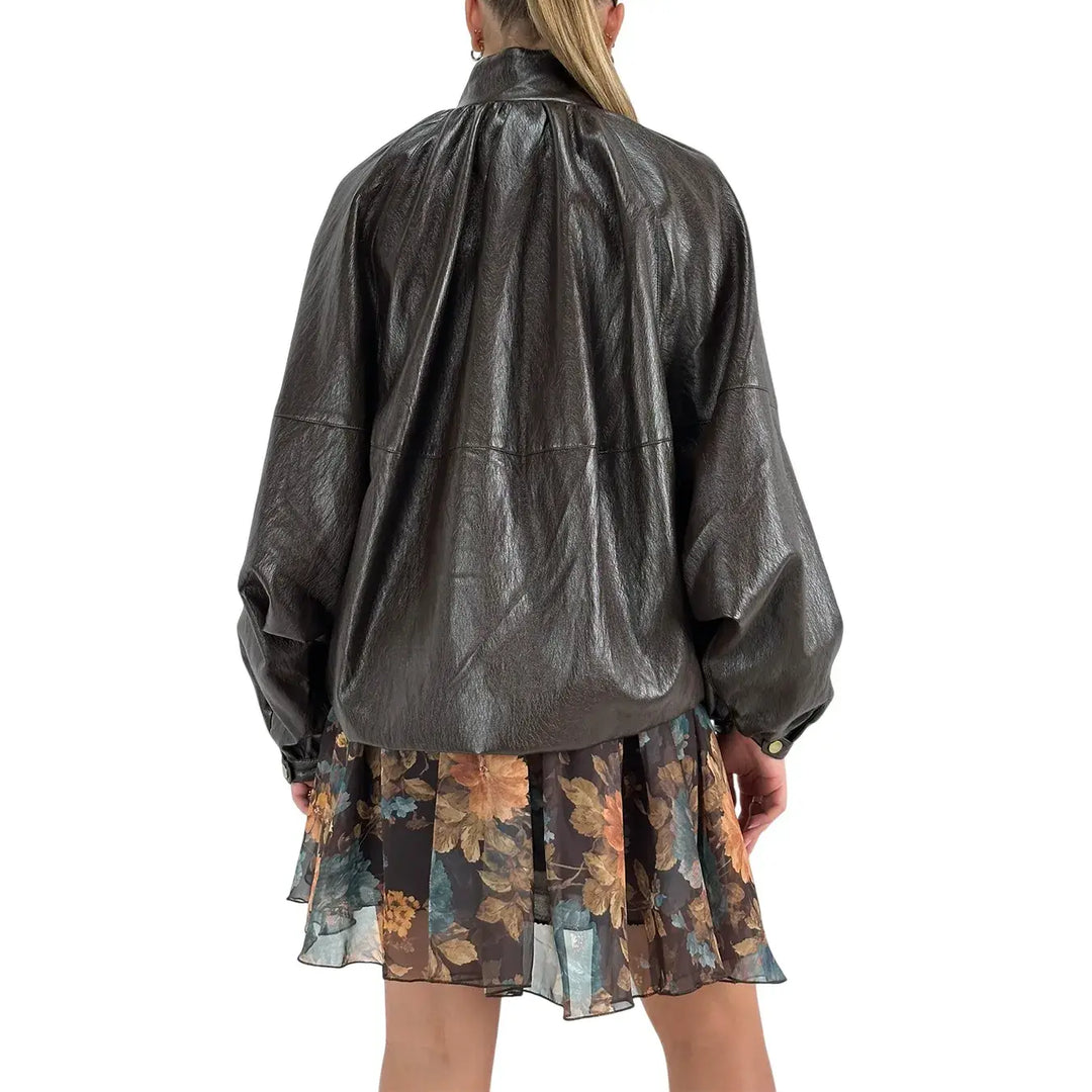 Bassini Bomber Donna Cioccolato Oversize in Ecopelle Semilucida con Maniche a Pipistrello