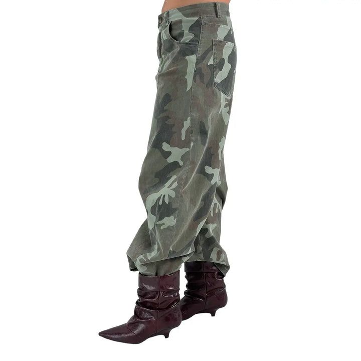 Bassini Pantaloni Donna Verde Camouflage Balloon Fit con Chiusura con Zip