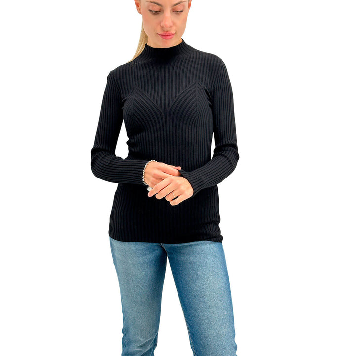 Kontatto Women's Sweater, Turtleneck, Fine Ribs, Mixed Fabric, Black